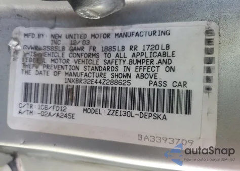 2004 Toyota Corolla Ce из США, поврежденный, VIN 1NXBR32E44Z288625